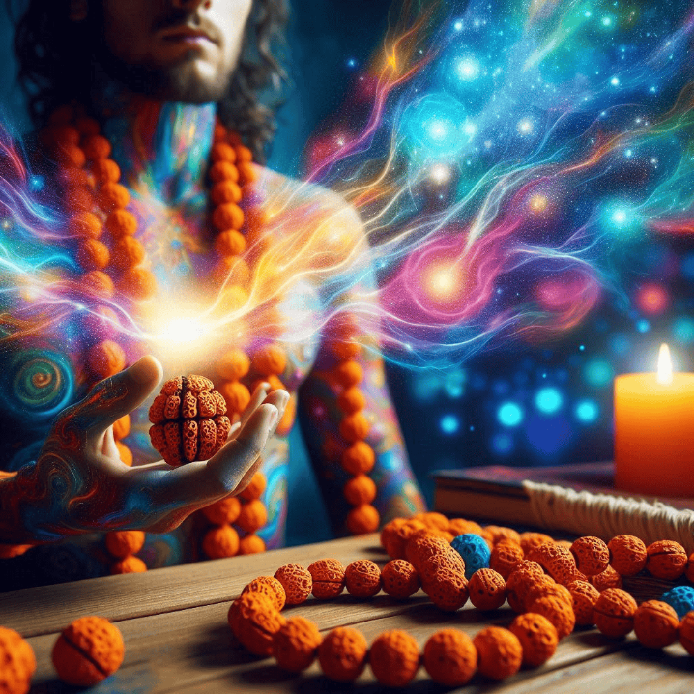 person wearing Rudraksha with colorful room and energy of light